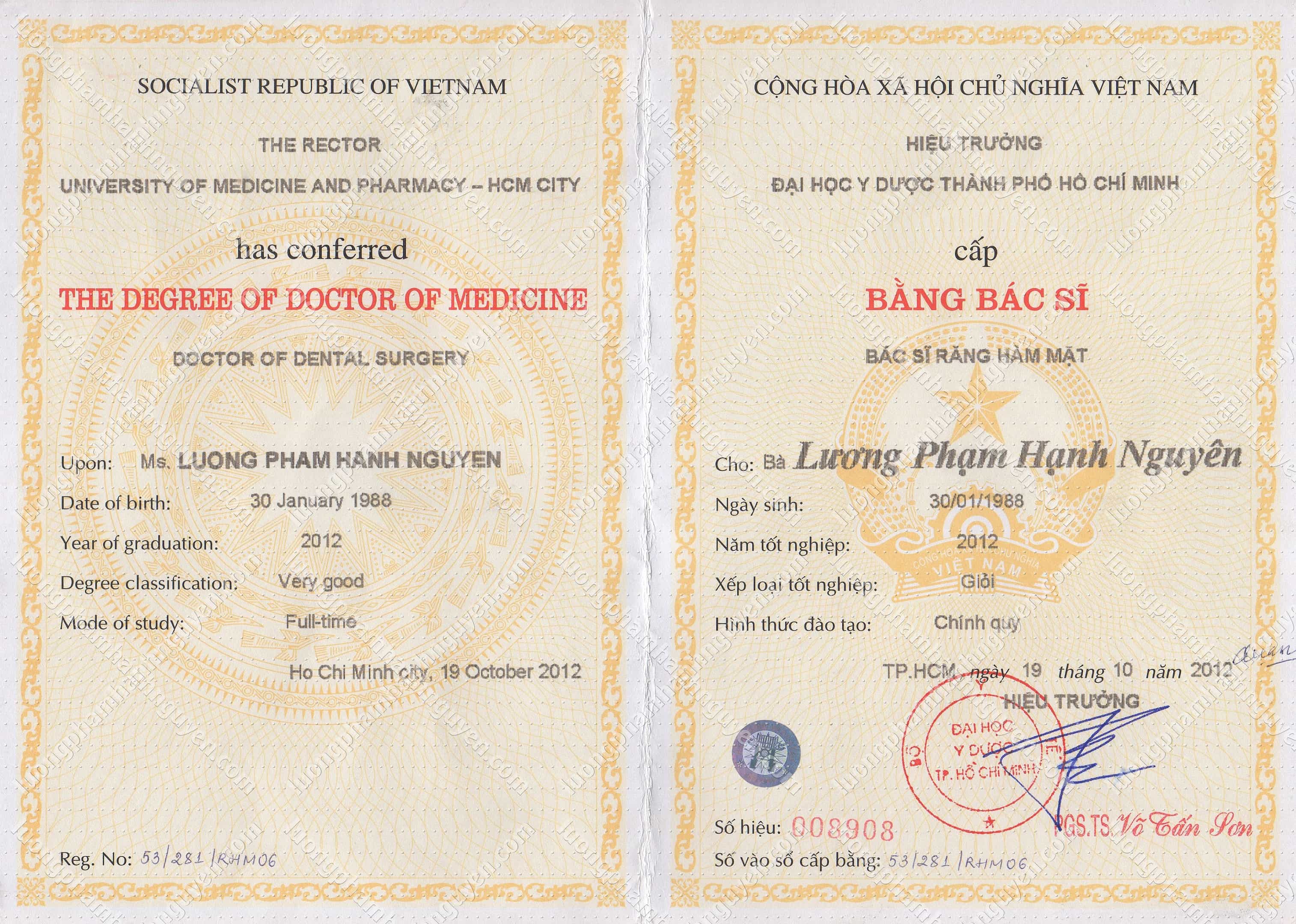 Bằng Bác sĩ Răng Hàm Mặt - Thủ khoa (01/97)