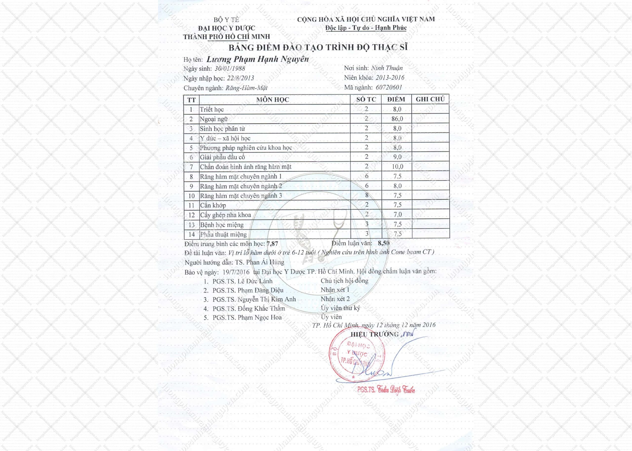 Bảng điểm Thạc sĩ Y học (Bản sao Tiếng Việt - Trang 2)