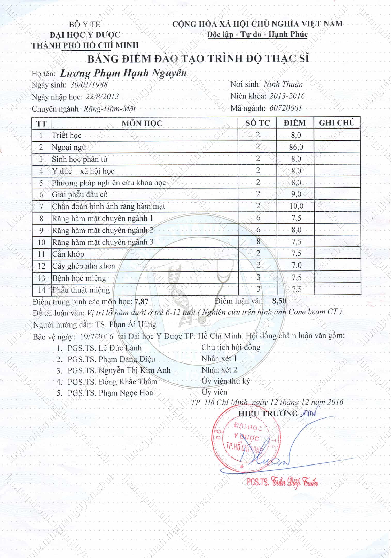 Bảng điểm Thạc sĩ Y học (Bản Tiếng Việt)